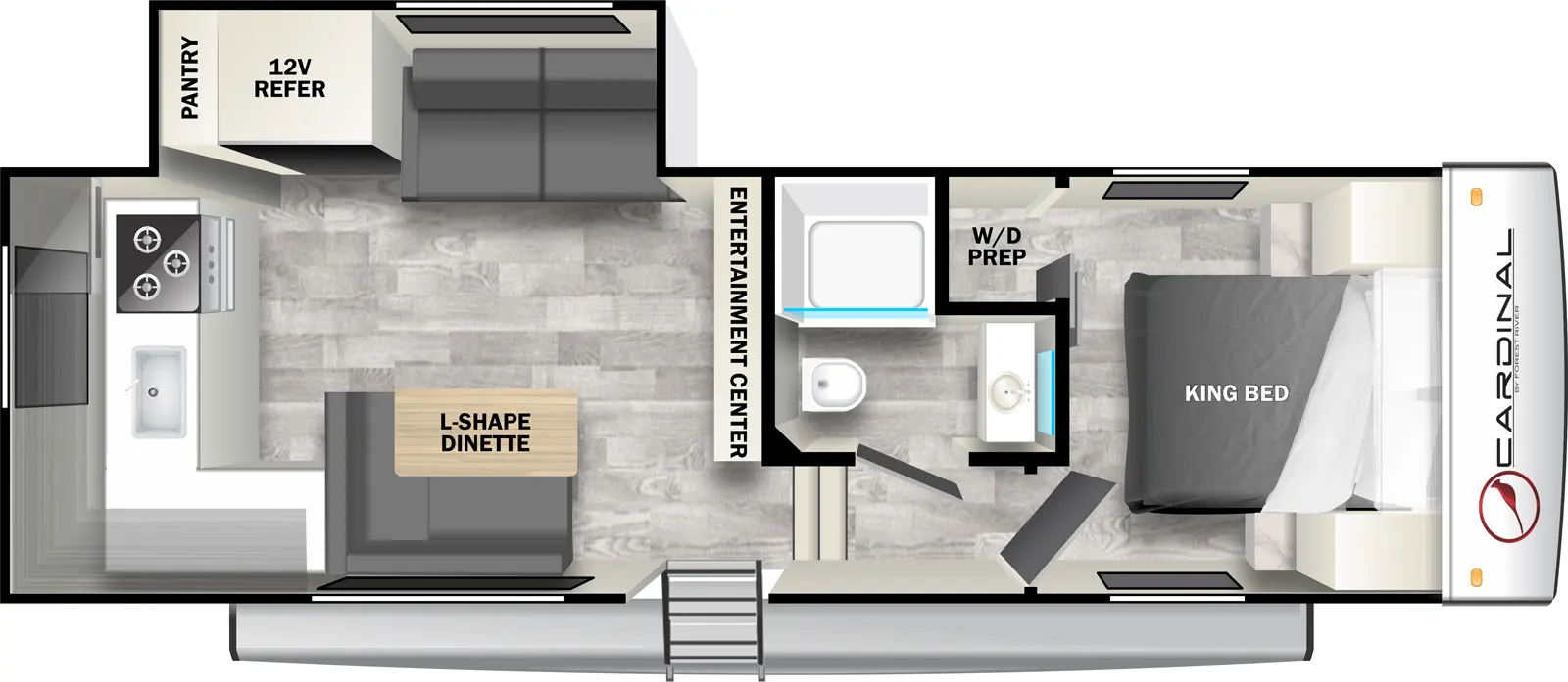 The 23RK has one slideout and one entry. Interior layout front to back: foot-facing king bed and off-door side closet with washer/dryer prep; off-door side full bathroom; steps down to entry and main living area; entertainment center along inner wall; odd-door side slideout with seating, 12V refrigerator, and pantry; door side l-shape dinette, and kitchen counter wraps to rear with sink and cooktop.